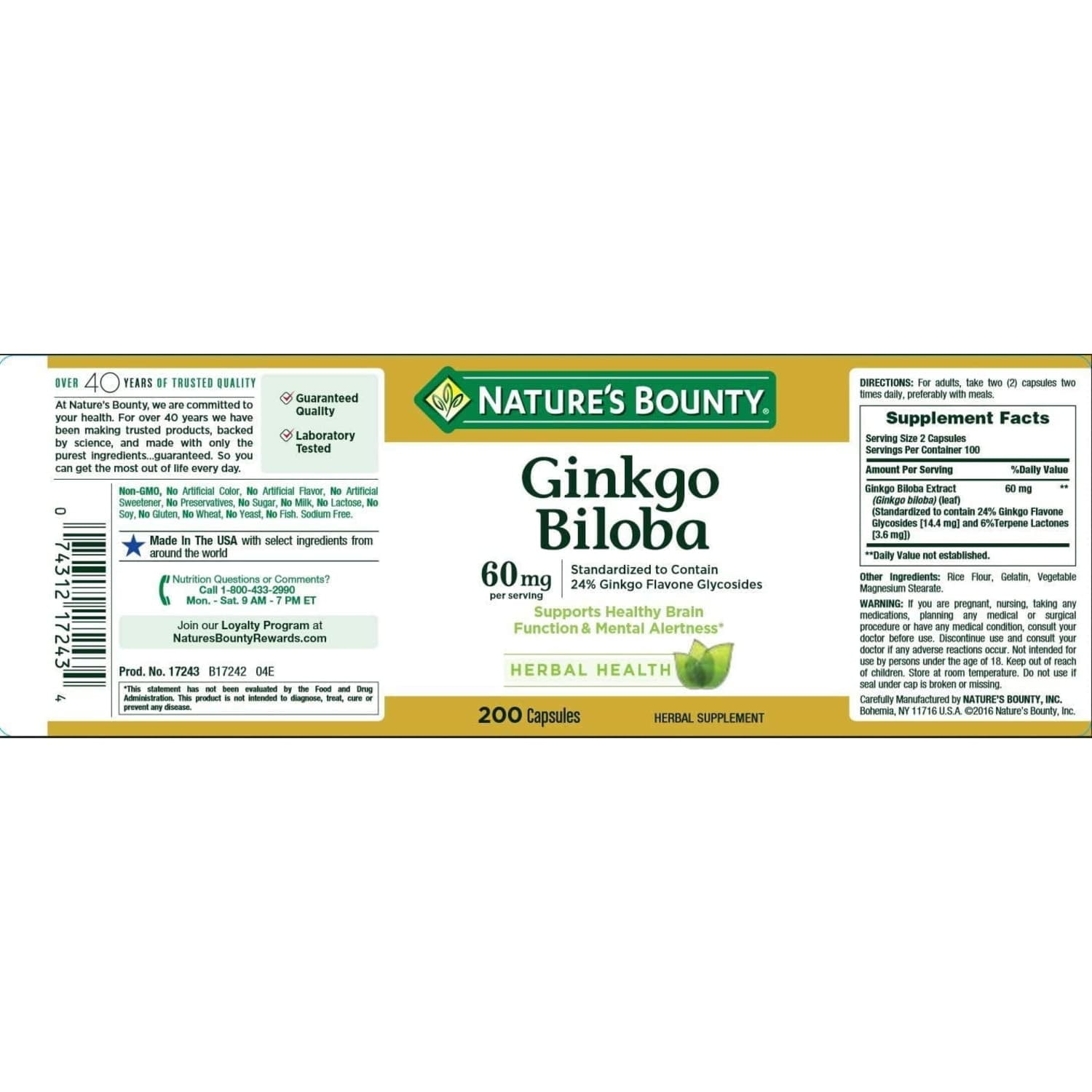 Nature s Bounty Ginkgo Biloba Capsules  60 Mg  200 Ct