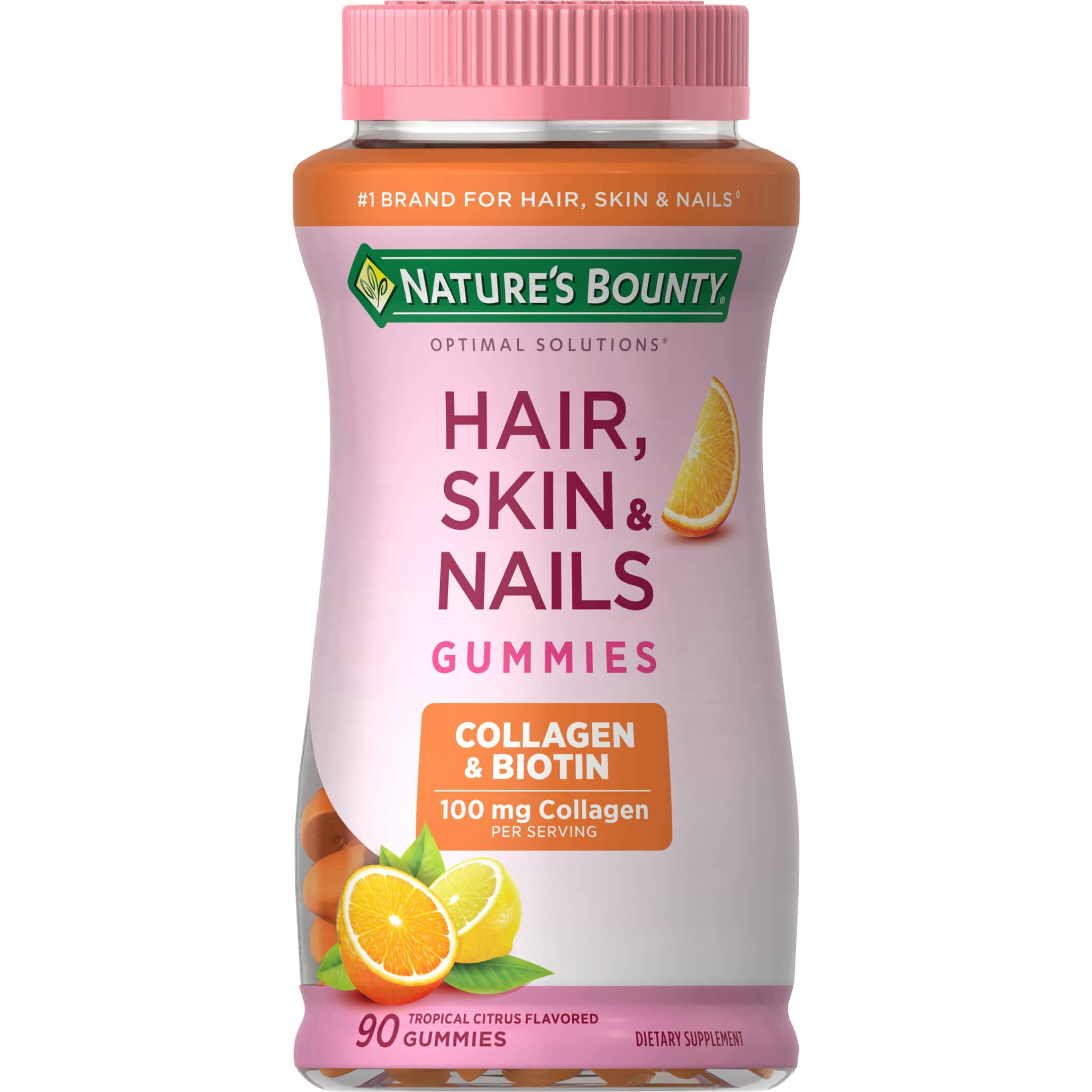 Nature s Bounty Hair Skin and Nails Vitamin with Collagen and Biotin  Women s Multivitamin  Tropical Citrus Gummies  90 Ct