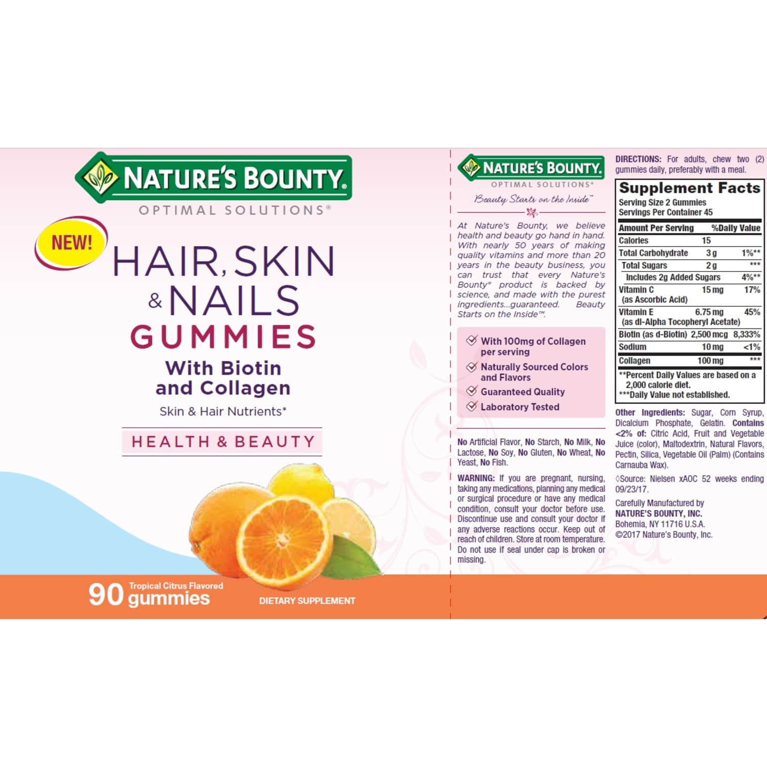 Nature s Bounty Hair Skin and Nails Vitamin with Collagen and Biotin  Women s Multivitamin  Tropical Citrus Gummies  90 Ct