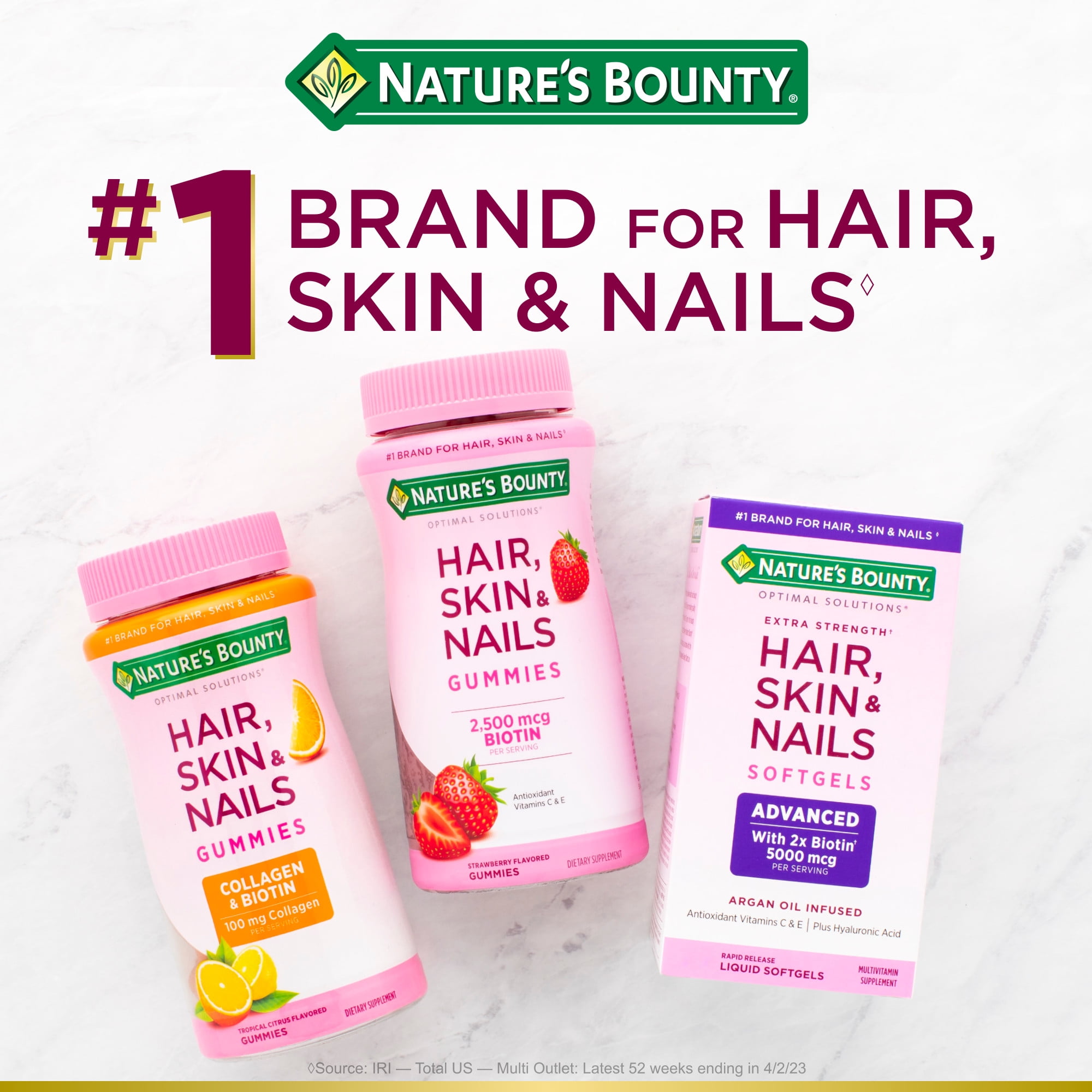 Nature s Bounty Hair Skin and Nails Vitamin with Collagen and Biotin  Women s Multivitamin  Tropical Citrus Gummies  90 Ct