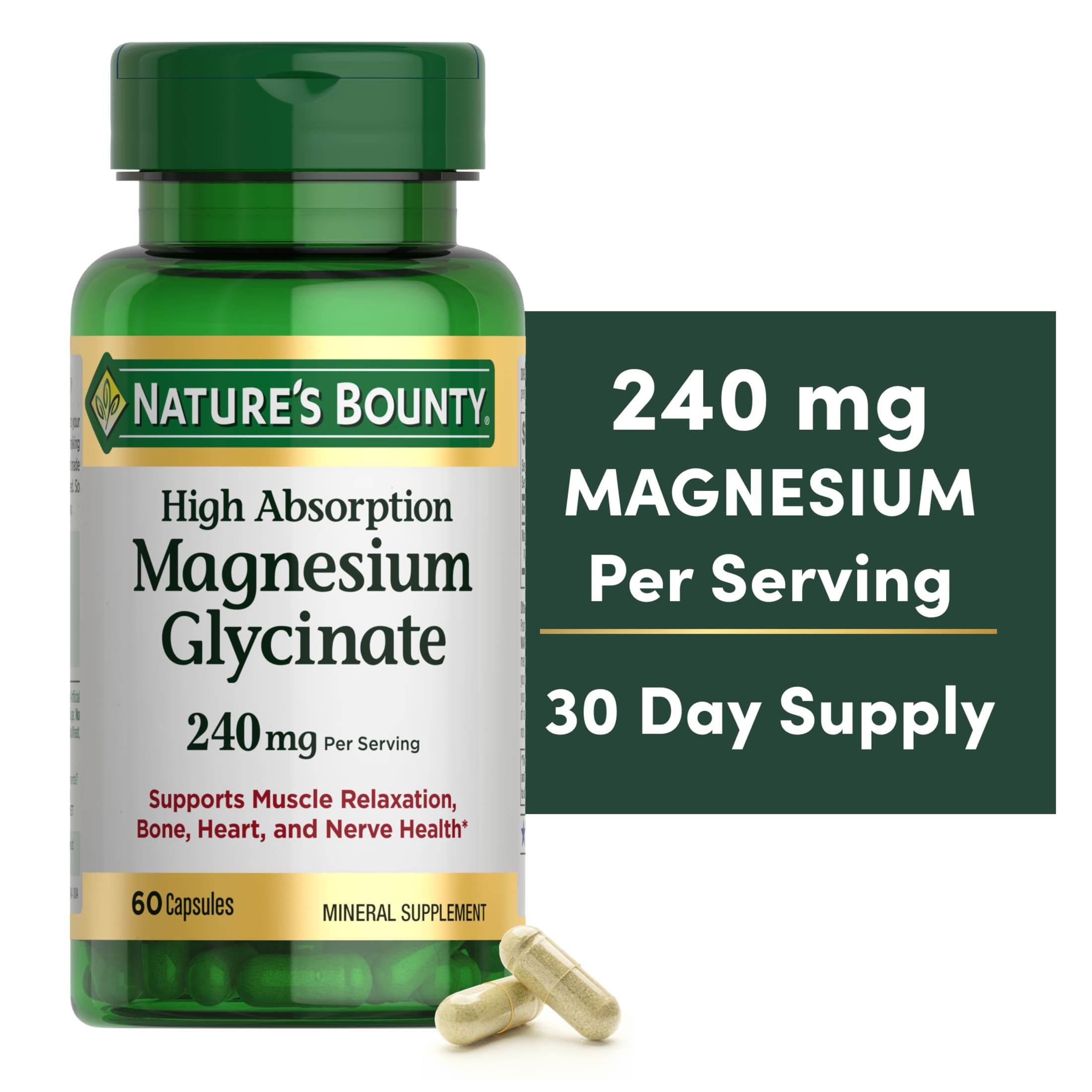 Nature's Bounty Suplementos de Glicinato de Magnesio de Alta Absorción, 240 Mg, Apoyan la Relajación Muscular, la Salud Sea, Cardíaca y Nerviosa, 60 Cápsulas