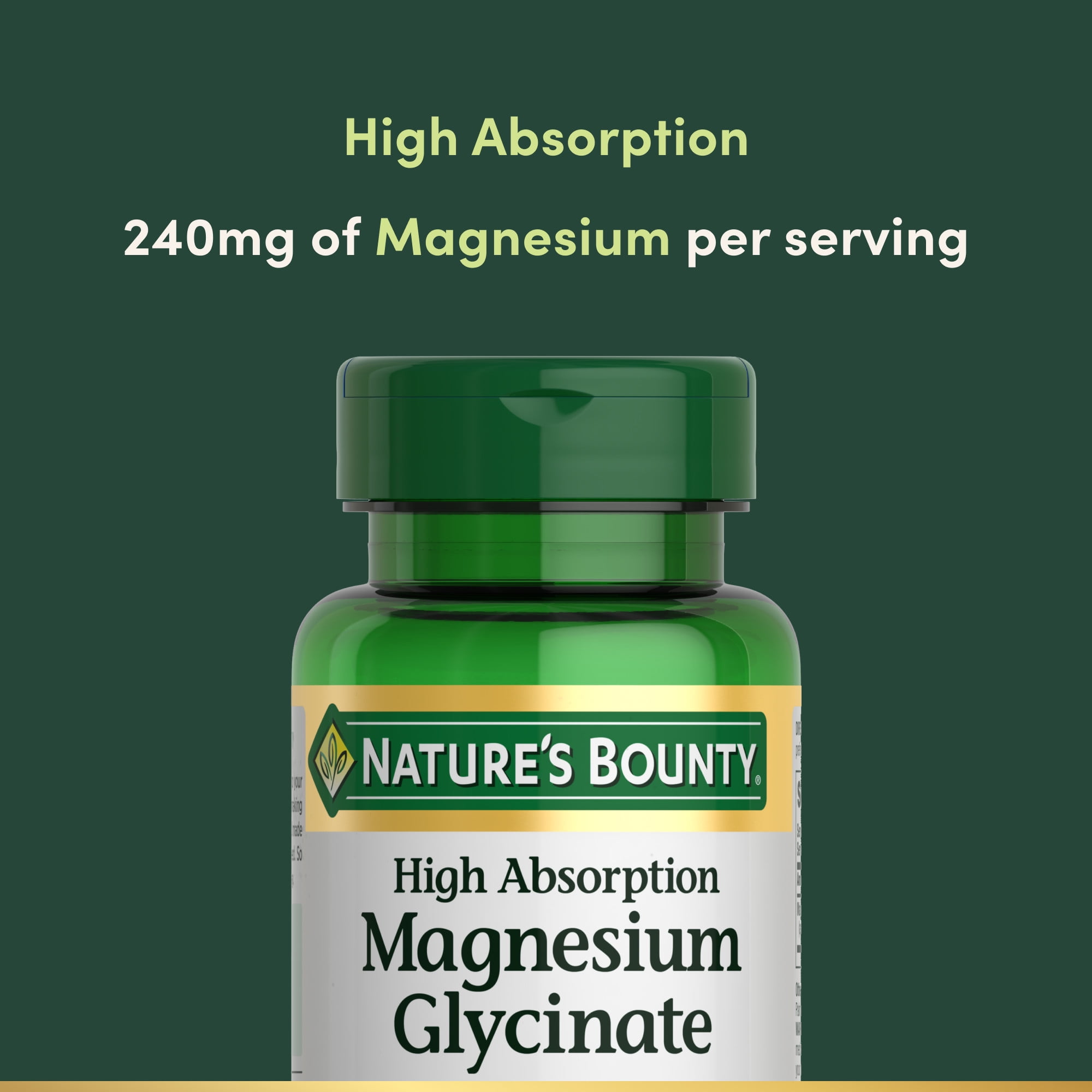 Nature's Bounty Suplementos de Glicinato de Magnesio de Alta Absorción, 240 Mg, Apoyan la Relajación Muscular, la Salud Sea, Cardíaca y Nerviosa, 60 Cápsulas