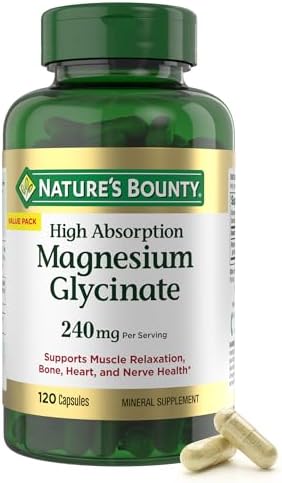 Nature’s Bounty Glicinato de magnesio de alta absorción 240 mg para apoyar la relajación muscular y la salud de los huesos, corazón y nervios – Sin GMO, sin gluten, vegetariano, 120 unidades/60