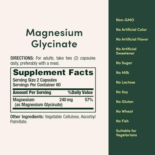 Nature’s Bounty Glicinato de magnesio de alta absorción 240 mg para apoyar la relajación muscular y la salud de los huesos, corazón y nervios – Sin GMO, sin gluten, vegetariano, 120 unidades/60