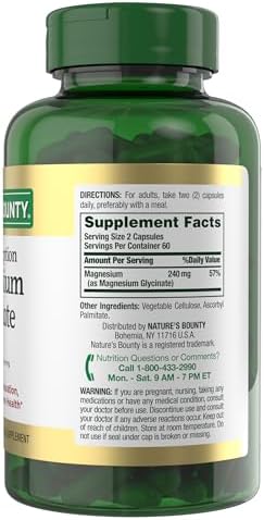 Nature’s Bounty Glicinato de magnesio de alta absorción 240 mg para apoyar la relajación muscular y la salud de los huesos, corazón y nervios – Sin GMO, sin gluten, vegetariano, 120 unidades/60