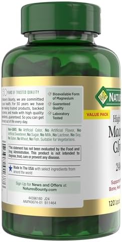 Nature’s Bounty Glicinato de magnesio de alta absorción 240 mg para apoyar la relajación muscular y la salud de los huesos, corazón y nervios – Sin GMO, sin gluten, vegetariano, 120 unidades/60