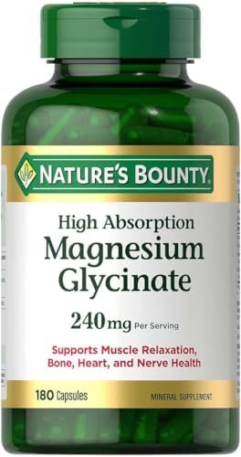 Nature’s Bounty Glicinato de magnesio de alta absorción 240 mg para apoyar la relajación muscular y la salud de los huesos, corazón y nervios – Sin GMO, sin gluten, vegetariano, 120 unidades/60