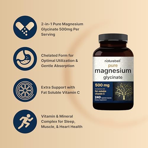Naturebell Pure Magnesium Glycinate 500mg  240 Veggie Capsules   100  Chelated & Purified   3rd Party Tested  Vegan Friendly  Non GMO  Filler Free