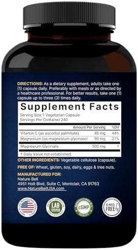Naturebell Pure Magnesium Glycinate 500mg  240 Veggie Capsules   100  Chelated & Purified   3rd Party Tested  Vegan Friendly  Non GMO  Filler Free
