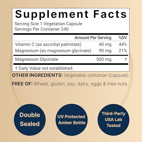 Naturebell Pure Magnesium Glycinate 500mg  240 Veggie Capsules   100  Chelated & Purified   3rd Party Tested  Vegan Friendly  Non GMO  Filler Free
