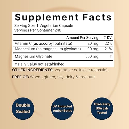 Naturebell Pure Magnesium Glycinate 500mg  240 Veggie Capsules   100  Chelated & Purified   3rd Party Tested  Vegan Friendly  Non GMO  Filler Free