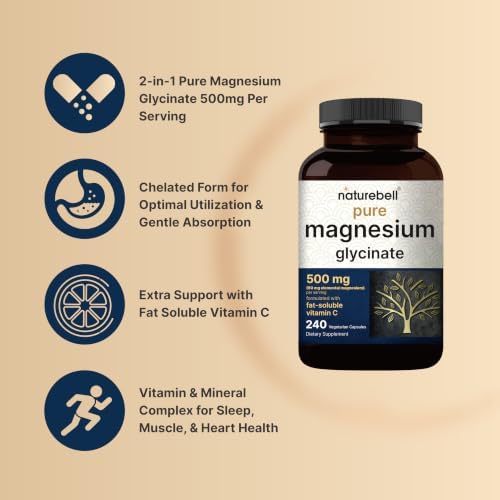 Naturebell Pure Magnesium Glycinate 500mg  240 Veggie Capsules   100  Chelated & Purified   3rd Party Tested  Vegan Friendly  Non GMO  Filler Free