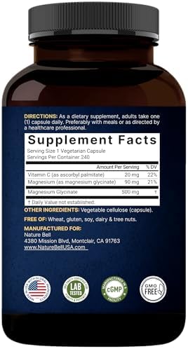 Naturebell Pure Magnesium Glycinate 500mg  240 Veggie Capsules   100  Chelated & Purified   3rd Party Tested  Vegan Friendly  Non GMO  Filler Free