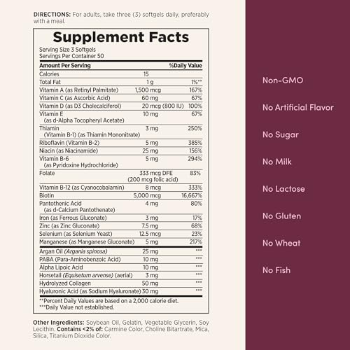 Nature's Bounty Advanced Hair Skin & Nails, suplemento vitamínico con infusión de argán con biotina y ácido hialurónico, 150 cápsulas blandas de liberación rápida