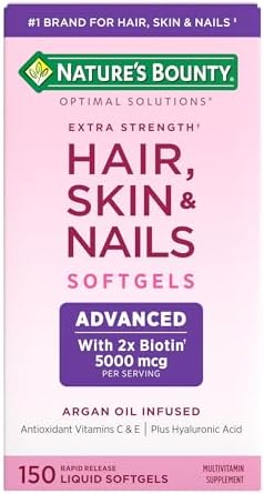 Natures Bounty Advanced Hair  Skin & Nails  Argan Infused Vitamin Supplement with Biotin and Hyaluronic Acid  150 Rapid Release Softgels  50 Total Servings
