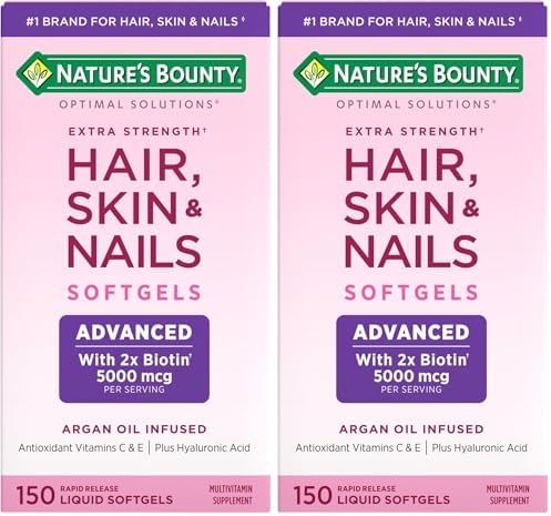 Natures Bounty Advanced Hair  Skin & Nails  Argan Infused Vitamin Supplement with Biotin and Hyaluronic Acid  150 Rapid Release Softgels  50 Total Servings