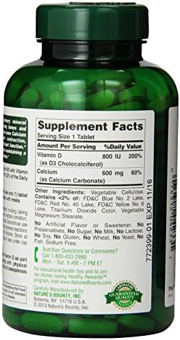 Natures Bounty Calcium Carbonate & Vitamin D  Supports Immune Health & Bone Health  600mg Calcium & 800IU Vitamin D3  250 Tablets