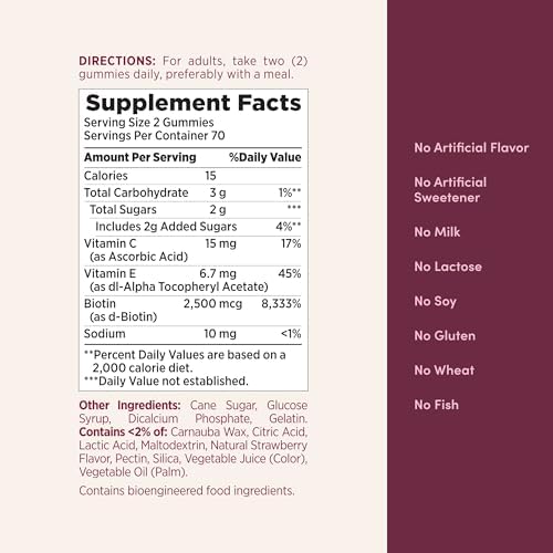 Natures Bounty Hair  Skin & Nails with Biotin  Strawberry Gummies Vitamin Supplement  Supports Hair  Skin  and Nail Health for Women  2500 mcg  140 Ct  70 Total Servings