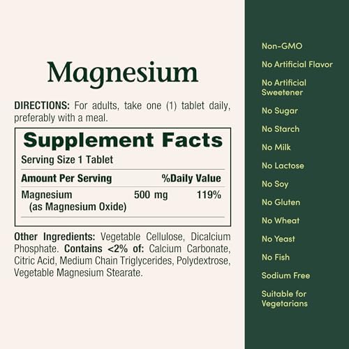 Natures Bounty Magnesium 500 mg Tablets  High Potency Magnesium Supplement for Bone & Muscle Health  Whole Body Support  200 Count  Pack of 1