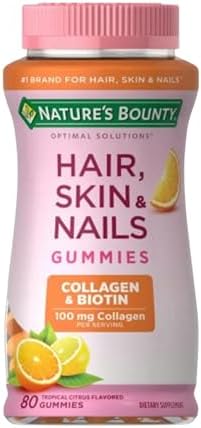 Nature's Bounty Soluciones Óptimas para Cabello, Piel y Uñas con Biotina y Colágeno, Gomitas con Sabor Cítrico, Suplemento Vitamínico, 2500 mcg, 80 Ct, 40 Porciones Totales