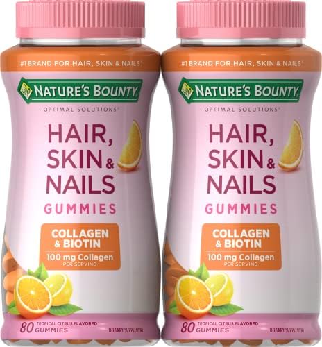 Nature's Bounty Soluciones Óptimas para Cabello, Piel y Uñas con Biotina y Colágeno, Gomitas con Sabor Cítrico, Suplemento Vitamínico, 2500 mcg, 80 Ct, 40 Porciones Totales