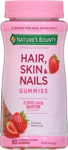 Natures Bounty Optimal Solutions Hair Skin & Nails Vitamin Gummies with Biotin 2500 mcg Strawberry 40 Total Servings 80 Count  Pack of 3