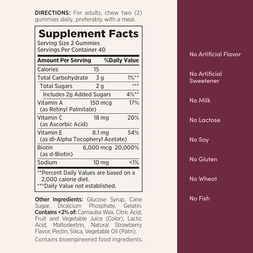 Natures Bounty Optimal Solutions Hair Skin & Nails Vitamin Gummies with Biotin 2500 mcg Strawberry 40 Total Servings 80 Count  Pack of 3