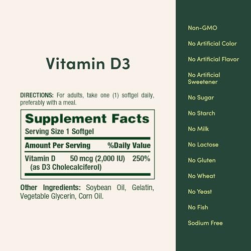 Natures Bounty Vitamin D3 2000 IU   Supports Immune Health  Calcium Absorption & Bone Strength   Essential for Healthy Bones   Non GMO  No Gluten   350 Softgels  1 Serving Per Day for Daily Health