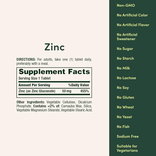 Natures Bounty Zinc 50mg  Immune Support & Antioxidant Supplement  Promotes Skin Health  1 Caplet Per Day  Gluten Free  250 Vegetarian Caplets