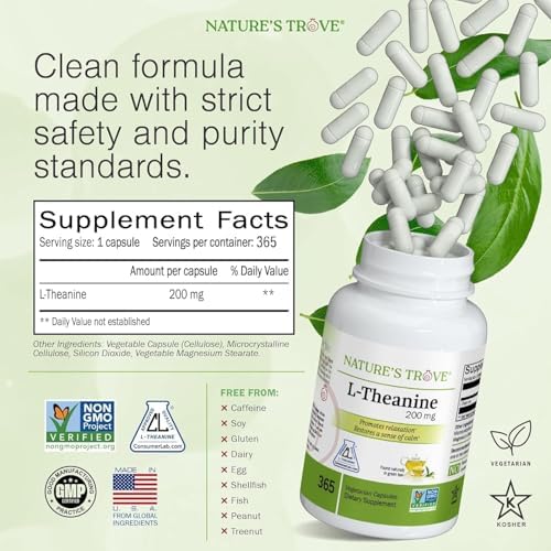 Natures Trove L Theanine 200mg Super Value Size   365 Vegetarian Capsules
