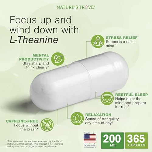 Natures Trove L Theanine 200mg Super Value Size   365 Vegetarian Capsules