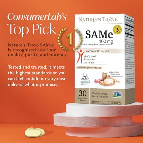 Natures Trove SAM e 400mg 30 Enteric Coated Caplets  Vegan  Kosher  Non GMO  Soy Free  Gluten Free   Mood and Joint Support   Cold Form Blister Packed 