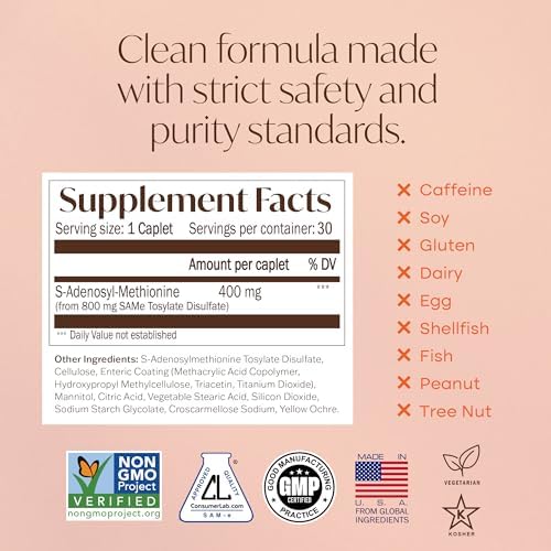 Natures Trove SAM e 400mg 30 Enteric Coated Caplets  Vegan  Kosher  Non GMO  Soy Free  Gluten Free   Mood and Joint Support   Cold Form Blister Packed 