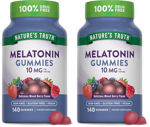 Nature's Truth Gomitas de melatonina | 10 mg | 140 unidades | Sabor a bayas | Suplemento vegano, sin OMG y sin gluten para adultos (paquete de 2)