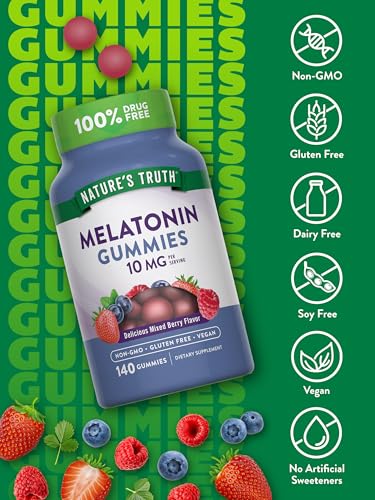 Nature's Truth Gomitas de melatonina | 10 mg | 140 unidades | Sabor a bayas | Suplemento vegano, sin OMG y sin gluten para adultos (paquete de 2)