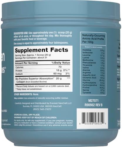 NeoCell Collagen Peptides Powder   22oz   Super Hair  Skin  and Nails   Superior Absorption   Grassfed Protein Supplement   Advanced with 18 Essential Amino Acids