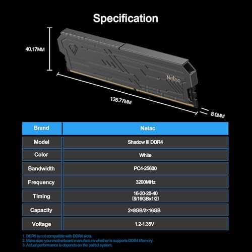 Netac DDR4 DRAM 32GB Kit  2x16GB  3200MHz XMP 2 0 Dual Channel RAM CL16  PC4 25600  1 35V 288 Pin Upgraded Aluminum Heat Sink Ideal for Gaming Computer Upgrade   Shadow III Series Black