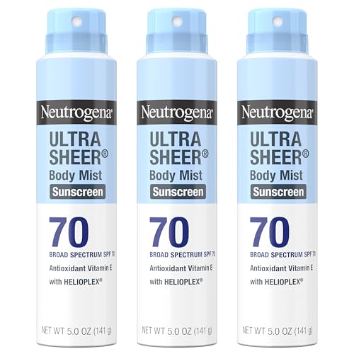 Neutrogena Ultra Sheer Body Mist - Protector solar en aerosol de amplio espectro, SPF 70, protector solar en aerosol ligero, no graso y resistente al agua, sin aceites y no comedogénico UVA/UVB, 5 oz
