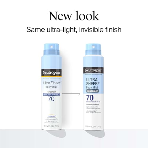 Neutrogena Ultra Sheer Body Mist - Protector solar en aerosol de amplio espectro, SPF 70, protector solar en aerosol ligero, no graso y resistente al agua, sin aceites y no comedogénico UVA/UVB, 5 oz