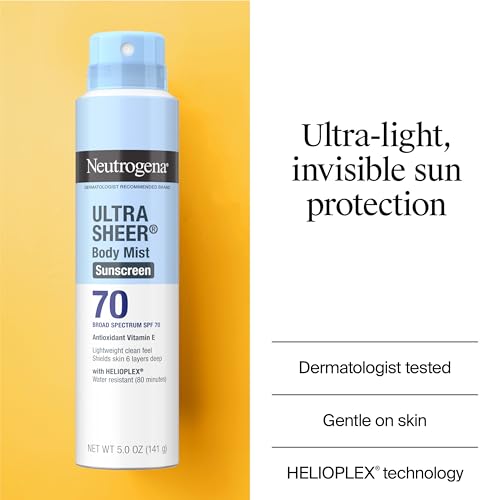 Neutrogena Ultra Sheer Body Mist - Protector solar en aerosol de amplio espectro, SPF 70, protector solar en aerosol ligero, no graso y resistente al agua, sin aceites y no comedogénico UVA/UVB, 5 oz