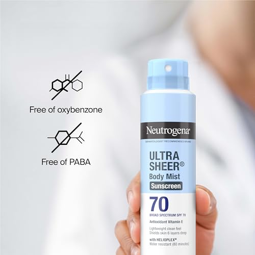 Neutrogena Ultra Sheer Body Mist - Protector solar en aerosol de amplio espectro, SPF 70, protector solar en aerosol ligero, no graso y resistente al agua, sin aceites y no comedogénico UVA/UVB, 5 oz