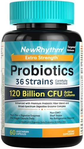 NewRhythm Probiotics 120 Billion CFU 36 Strains  3 in 1 Probiotics with Prebiotics & Enzymes  Probioticos for Women & Men  Vegan Targeted Release Supplement  60ct