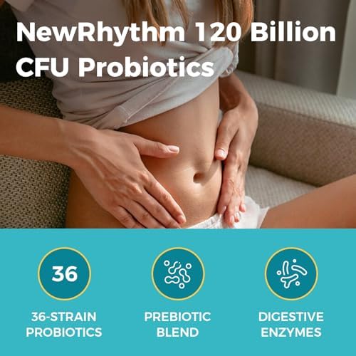 NewRhythm Probiotics 120 Billion CFU 36 Strains  3 in 1 Probiotics with Prebiotics & Enzymes  Probioticos for Women & Men  Vegan Targeted Release Supplement  60ct