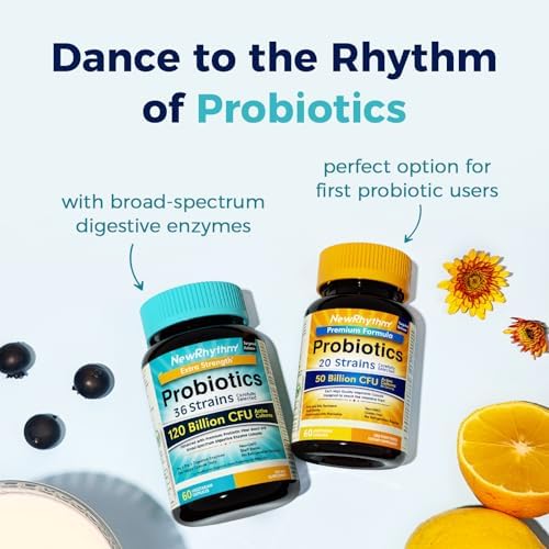 NewRhythm Probiotics 120 Billion CFU 36 Strains  3 in 1 Probiotics with Prebiotics & Enzymes  Probioticos for Women & Men  Vegan Targeted Release Supplement  60ct