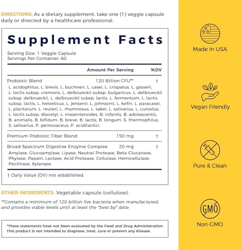 NewRhythm Probiotics 120 Billion CFU 36 Strains  3 in 1 Probiotics with Prebiotics & Enzymes  Probioticos for Women & Men  Vegan Targeted Release Supplement  60ct