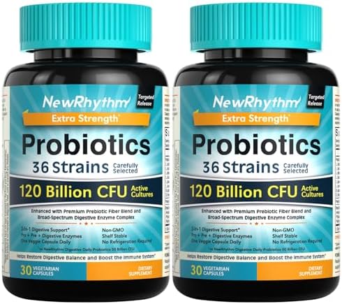 NewRhythm Probiotics 120 Billion CFU 36 Strains  3 in 1 Probiotics with Prebiotics & Enzymes  Probioticos for Women & Men  Vegan Targeted Release Supplement  60ct