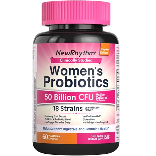 NewRhythm Womens Probiotics  Organic Cranberry for Womens Vaginal Health  50 Billion CFU 18 Strains  Probiotics and Prebiotics  Support Digestive Health  60 Vegan Capsules