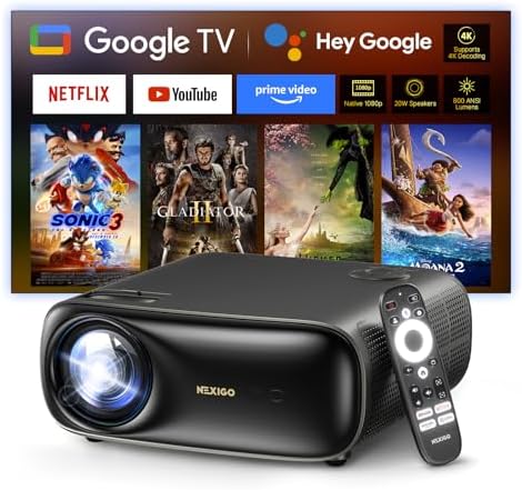 Proyector NexiGo PJ40 Pro Google TV, nativo 1080p, soporte 4K, mejora de imagen AI, 800 lúmenes ANSI, proyector inteligente con Keystone automático, altavoces de 20 W, control remoto retroiluminado