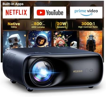 NexiGo PJ40 Ultra Outdoor Projector  Compatible with Netflix/YouTube/Prime Video  800 ANSI Lumens  AI Image Enhancement  Native 1080p Video Projector  20W Speaker  Auto Keystone