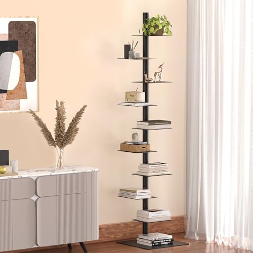 Nidouillet 9 Tier Metal Spine Bookshelf  Adjustable Vertical Tower for Books  Tall & Narrow Ladder Bookcase  Space Saving Multipurpose Corner Storage Shelf  Display Stand  Tool Free Assembly  Black